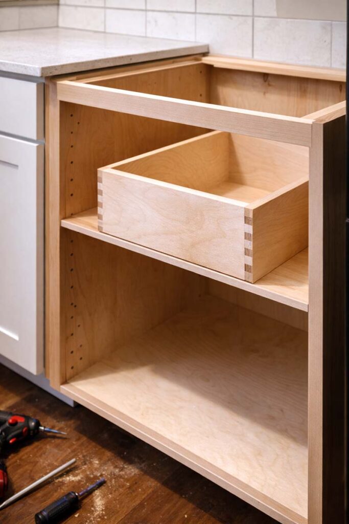 cabinet box and drawer built from birch plywood in a shop