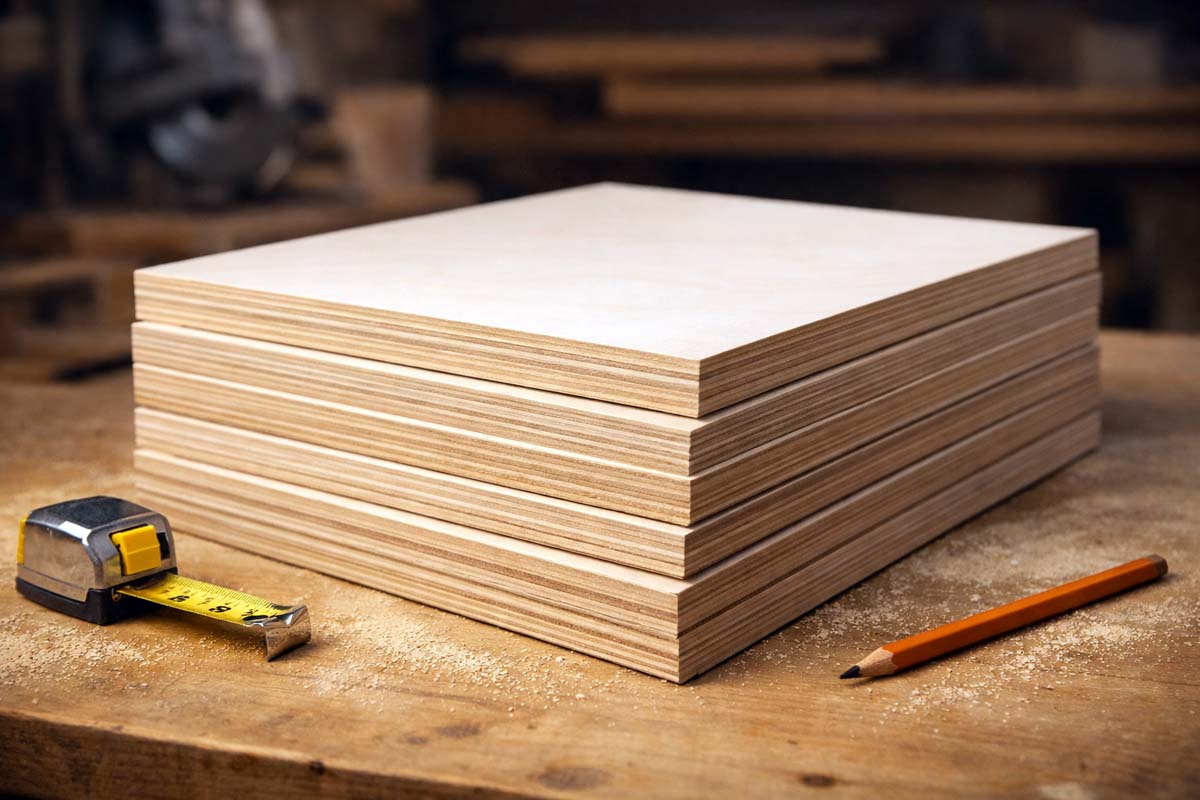 stack of birch plywood on a workbench
