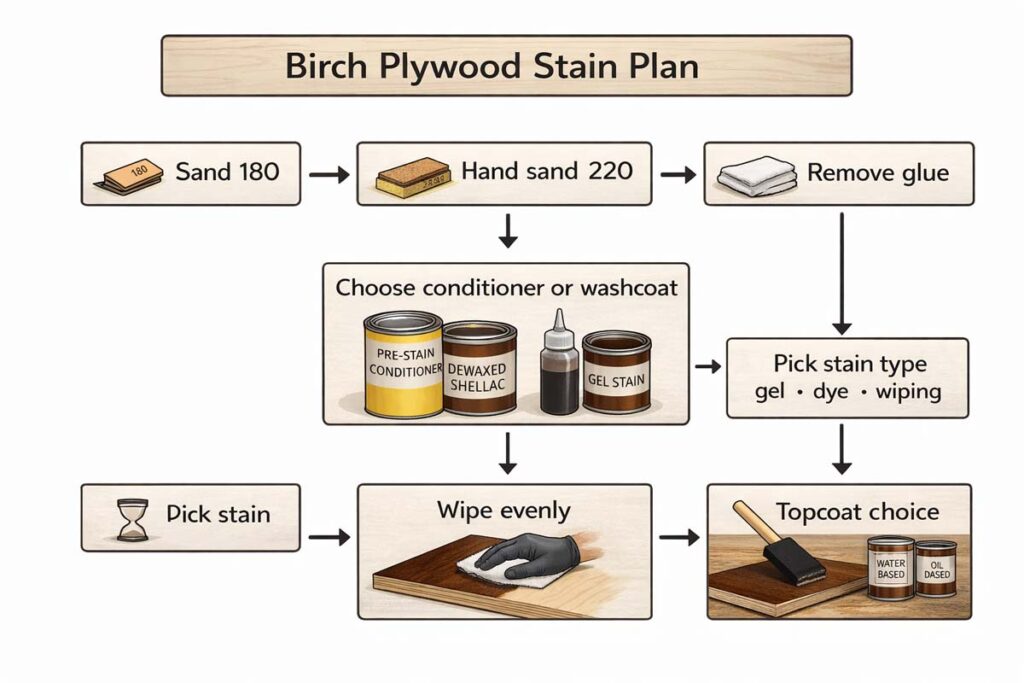 simple flowchart for choosing stain method on birch