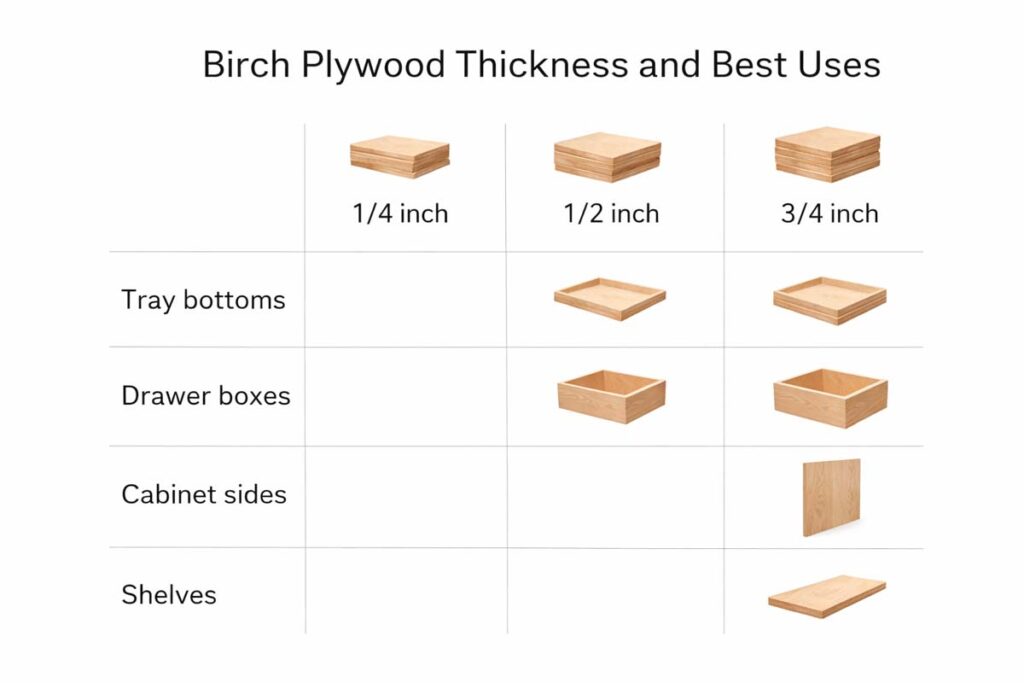 simple chart showing plywood thickness and common uses