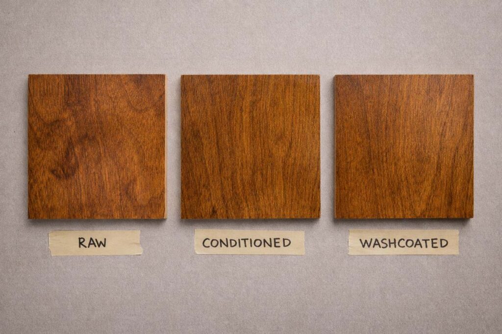 side by side stain test showing blotch control methods