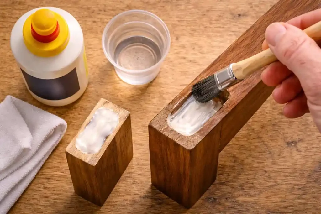 spreading a thin coat of glue inside a mortise