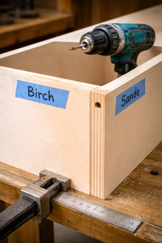 hands driving screws into plywood cabinet box
