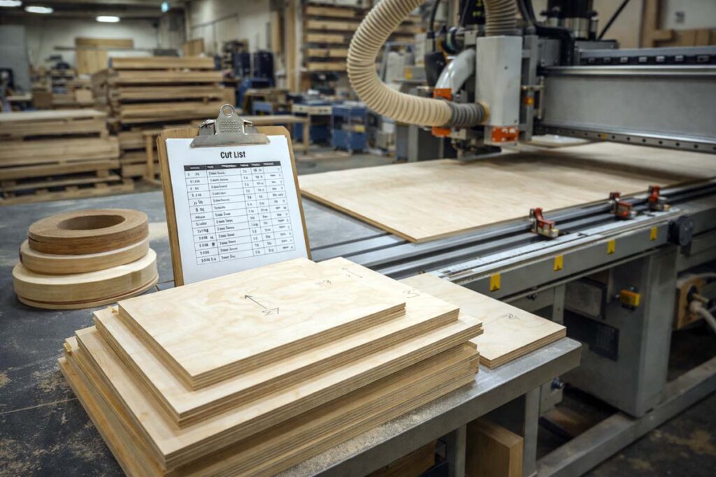 cabinet shop preparing repeatable plywood panels for shelving