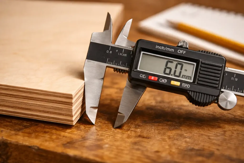 digital calipers measuring plywood thickness