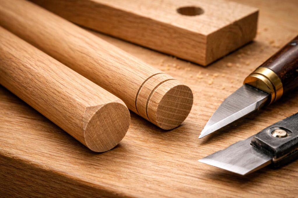 closeup of dowel chamfer and shallow glue grooves for better seating