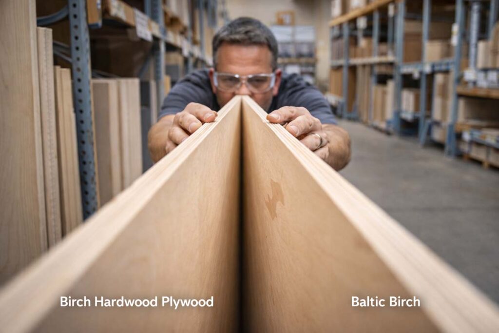 shopper sighting down plywood sheet for warp