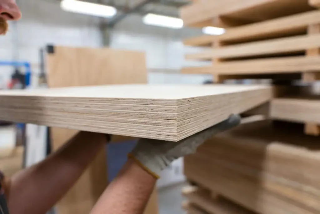 woodworker checking sheet for twist at store rack
