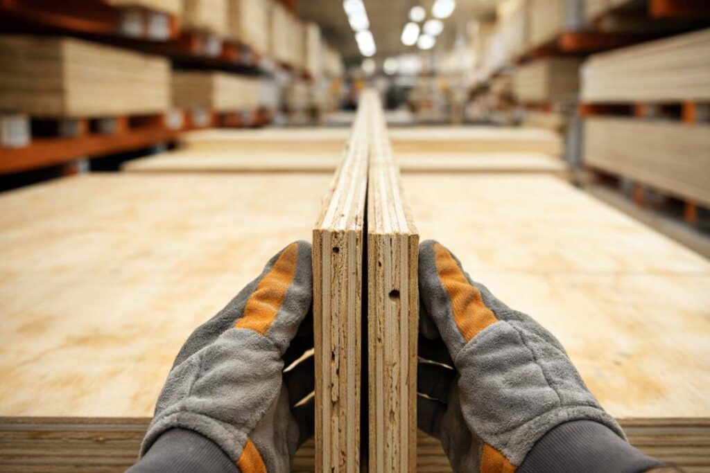 hands sighting plywood edge to check bow and twist