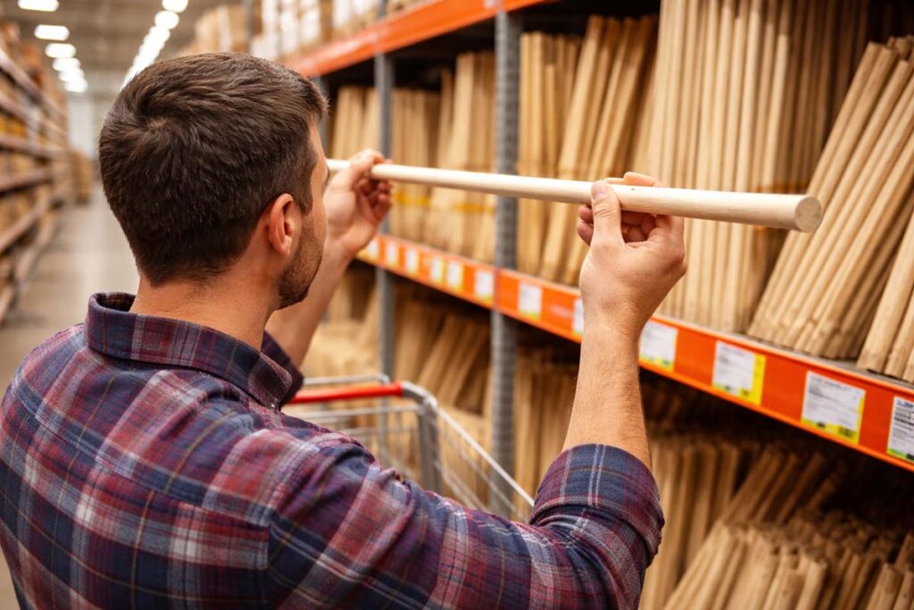 woodworker sighting down a dowel rod in a home improvement aisle