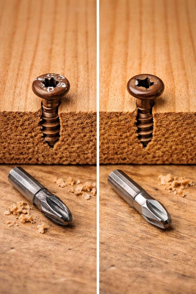 comparison of chipped screw head and clean seated screw