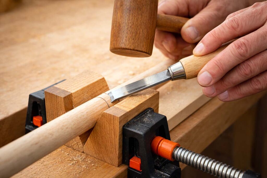 chisel cutting a dowel with controlled mallet taps
