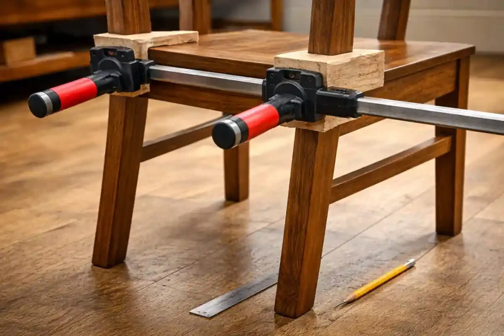 clamping a chair frame while keeping legs flat