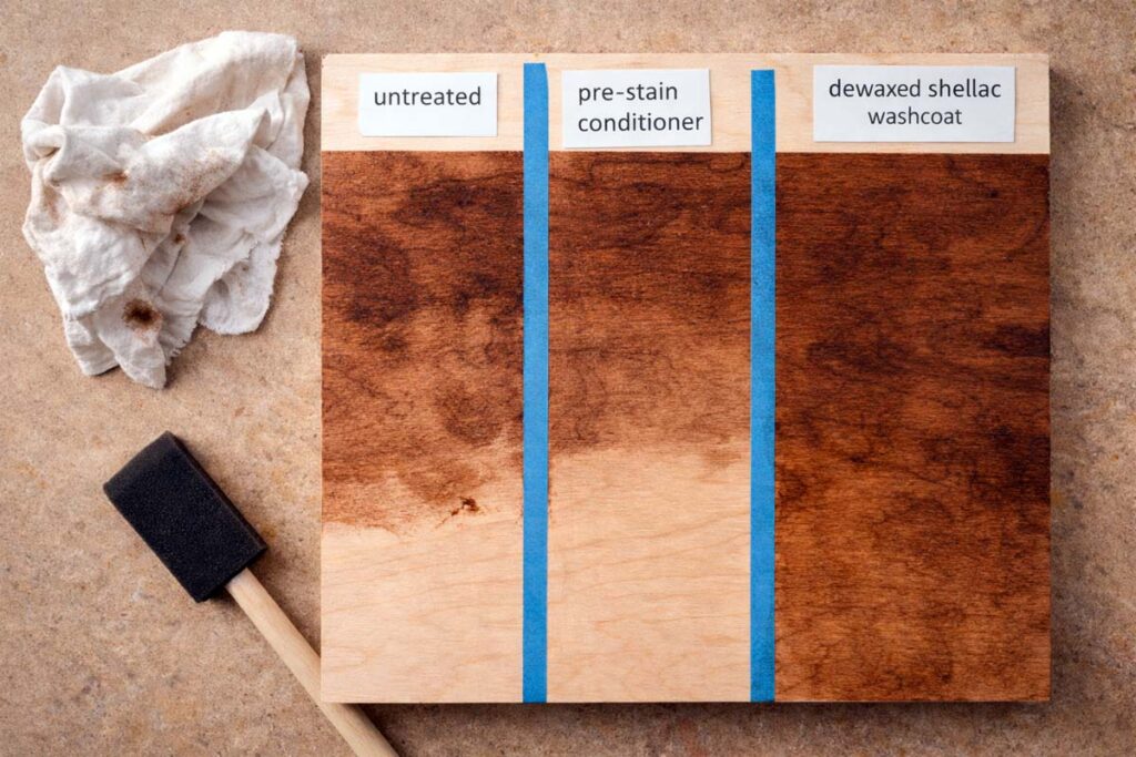 comparison of pre stain conditioner and shellac washcoat on test board