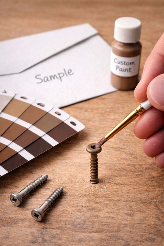 paint swatch matching screw head with fine brush touch up