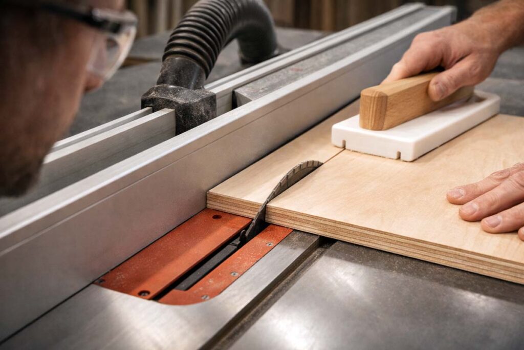 clean crosscut on plywood using zero clearance insert