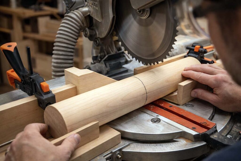 dowel secured in V block cradle for safe cutting