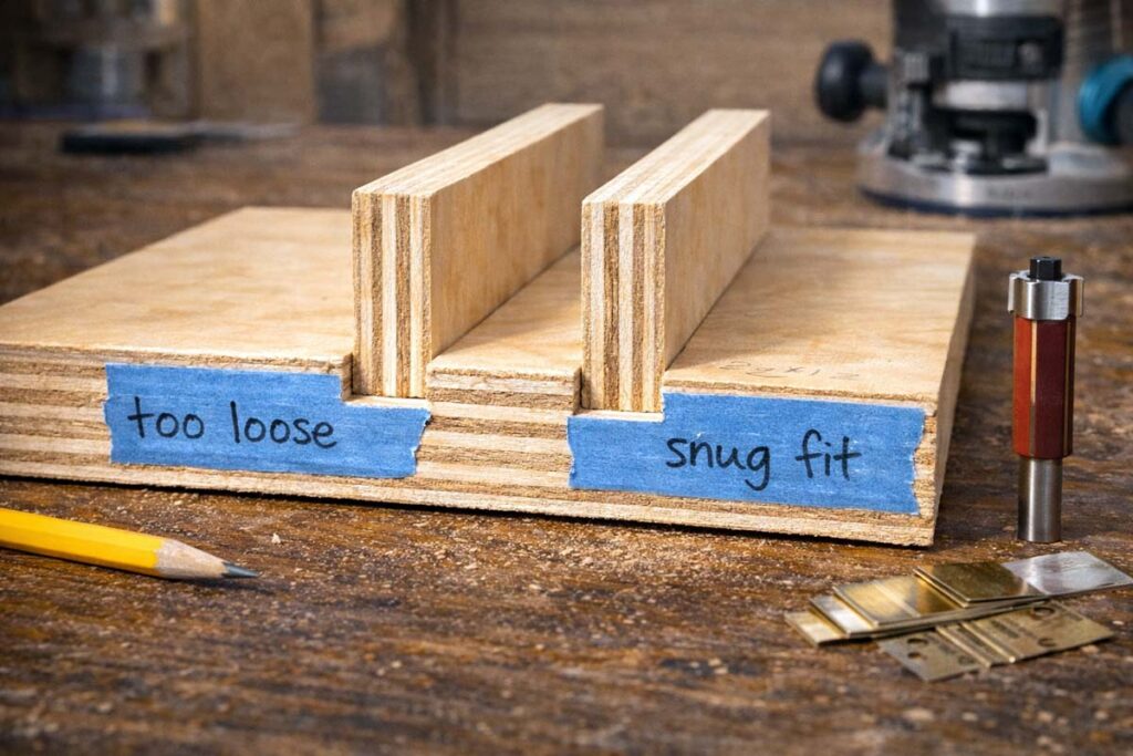 test dado showing loose fit versus snug fit on scrap