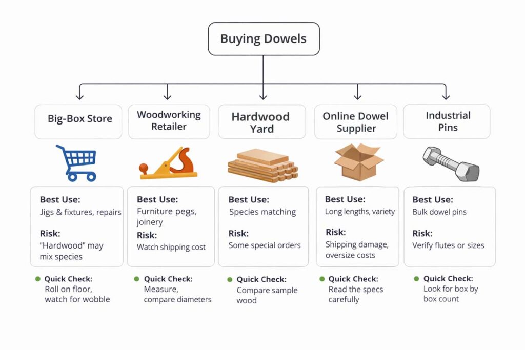 decision chart showing the best places to buy dowels for different projects