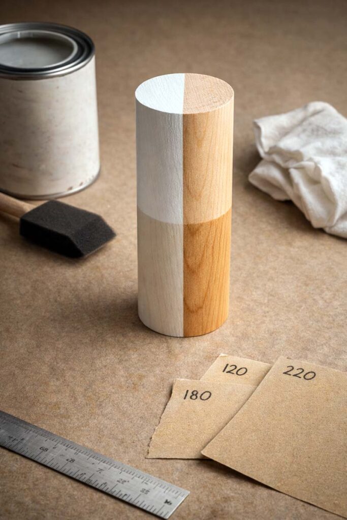 dowel showing painted and clear finished surface comparison