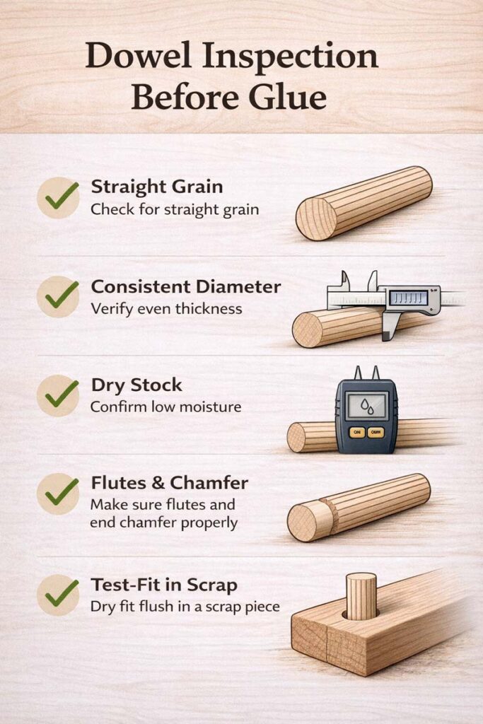 ertical checklist for inspecting dowels before glue up