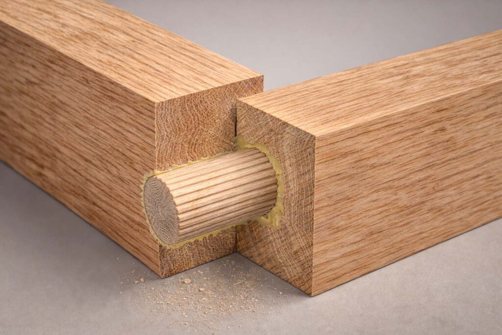 cutaway view of a glued dowel joint inside two boards