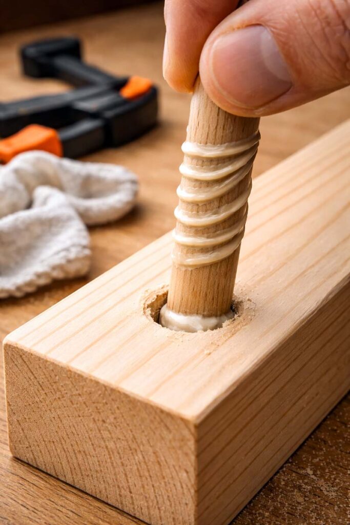 inserting a glued dowel into a drilled hole to repair stripped wood