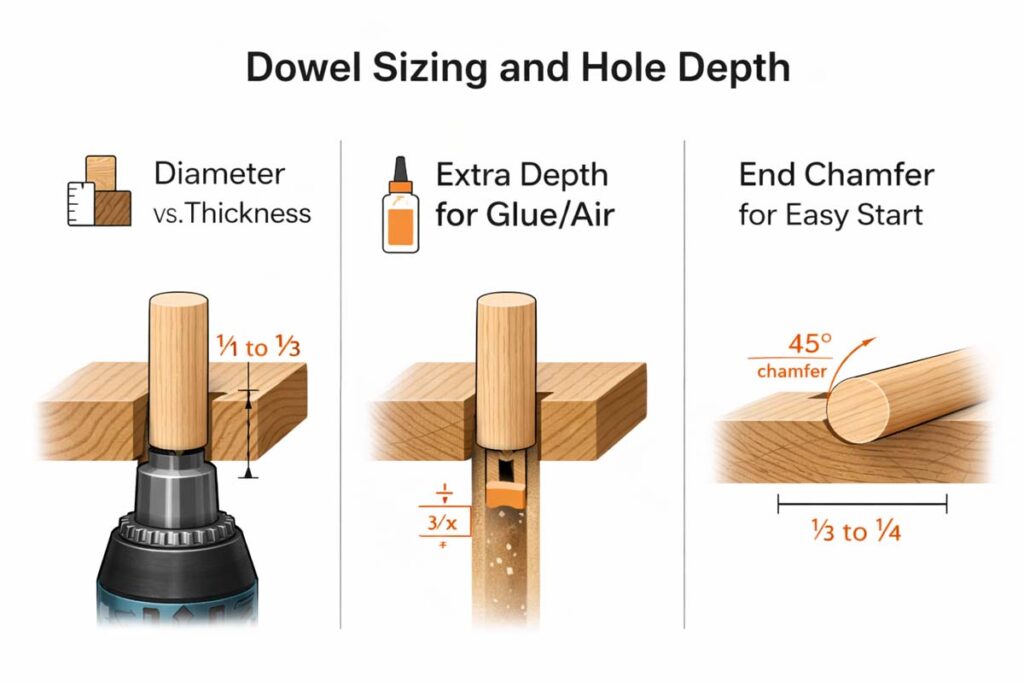 simple chart showing dowel diameter choice and extra hole depth for glue