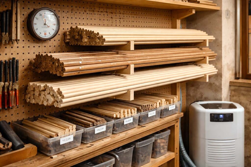dowel rods stored flat on a wall rack