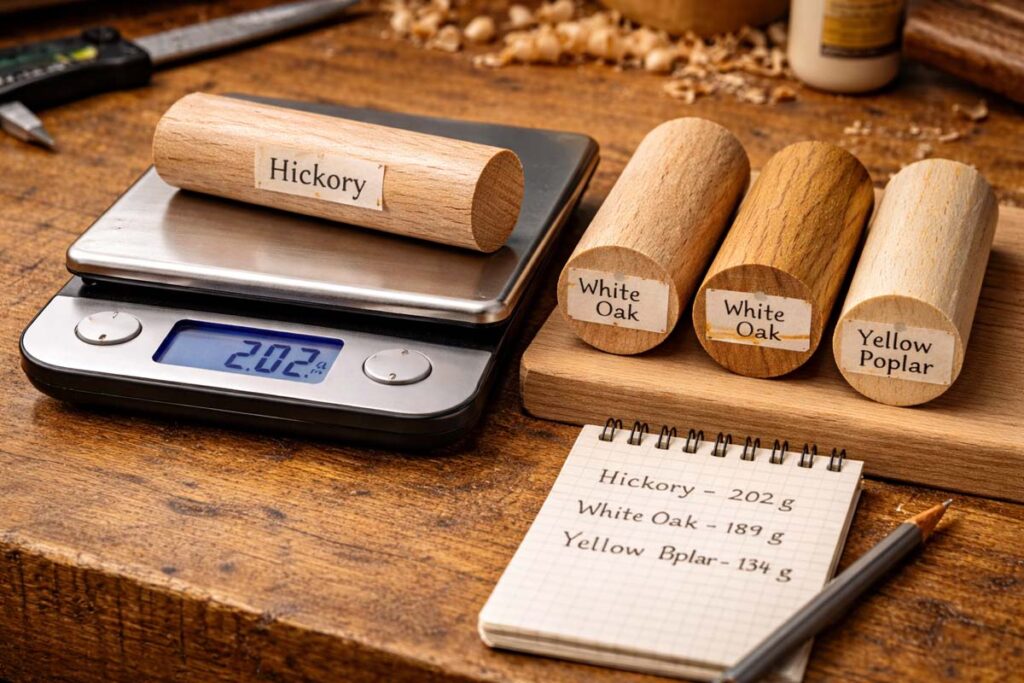 dowel offcuts on scale comparing heavier and lighter woods