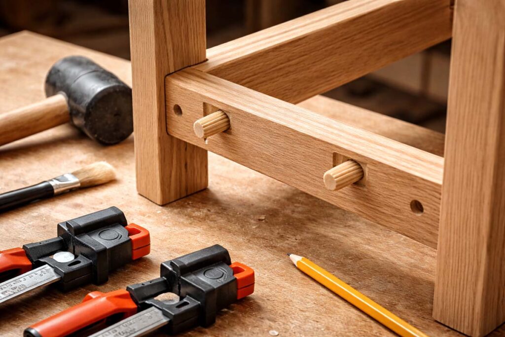 dowel pins dry fit in a hardwood table apron joint