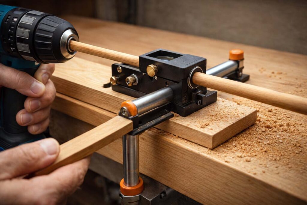 drill feeding a blank through a dowel making jig with roller stands