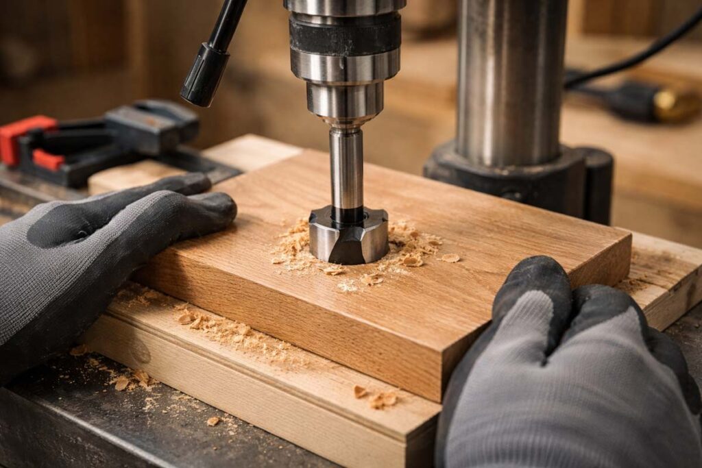drill press boring clean hole with backing board