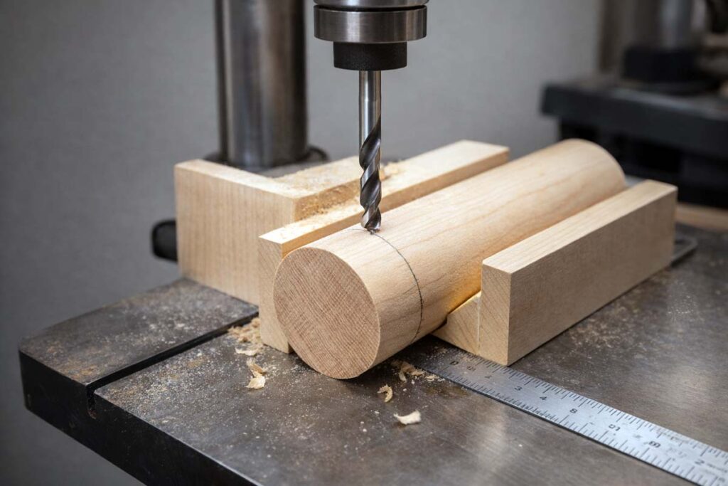 drill press V block jig holding round dowel safely