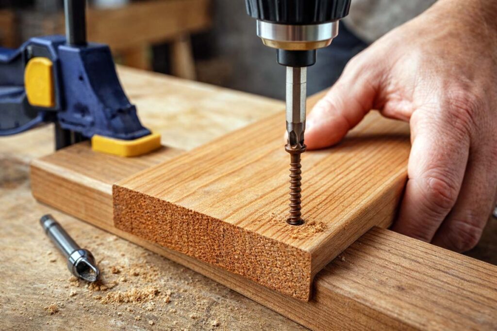 hands driving colored screw with star bit into cedar