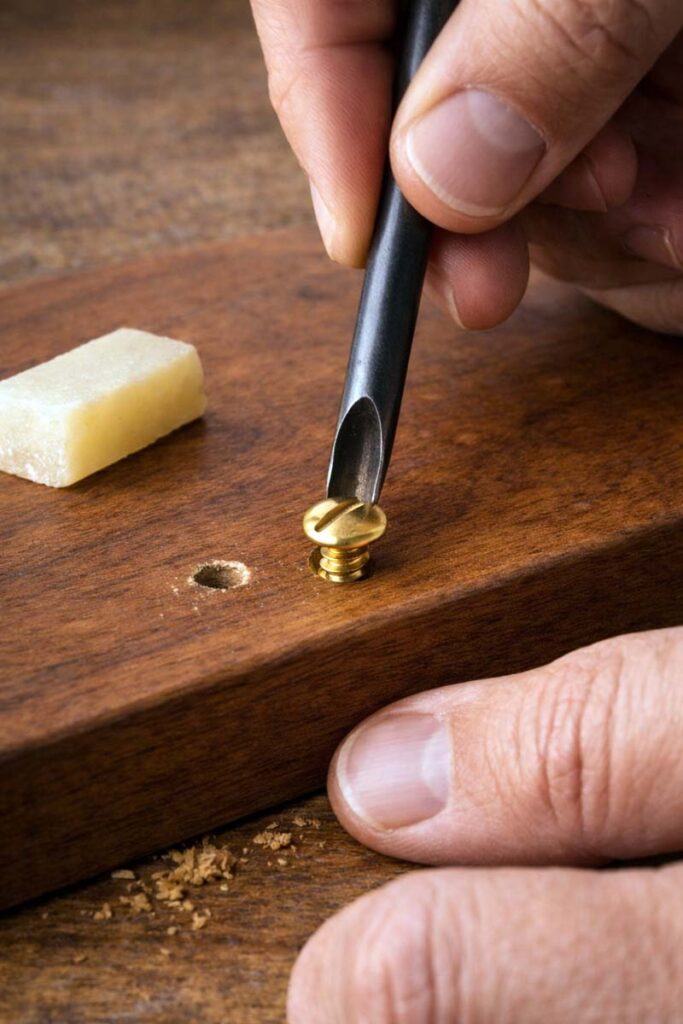 hand finishing a slotted brass screw with screwdriver