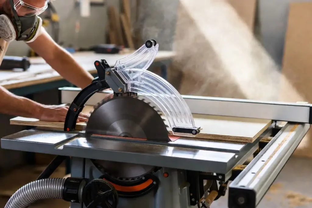 table saw cutting sheet goods with dust collection and respirator