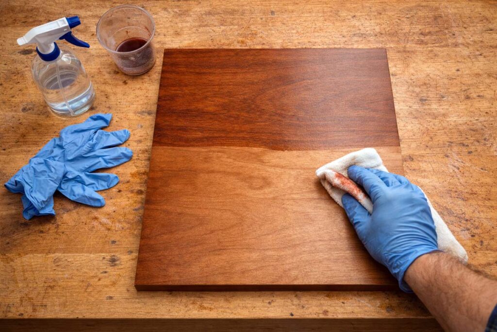 applying water dye evenly across birch plywood panel