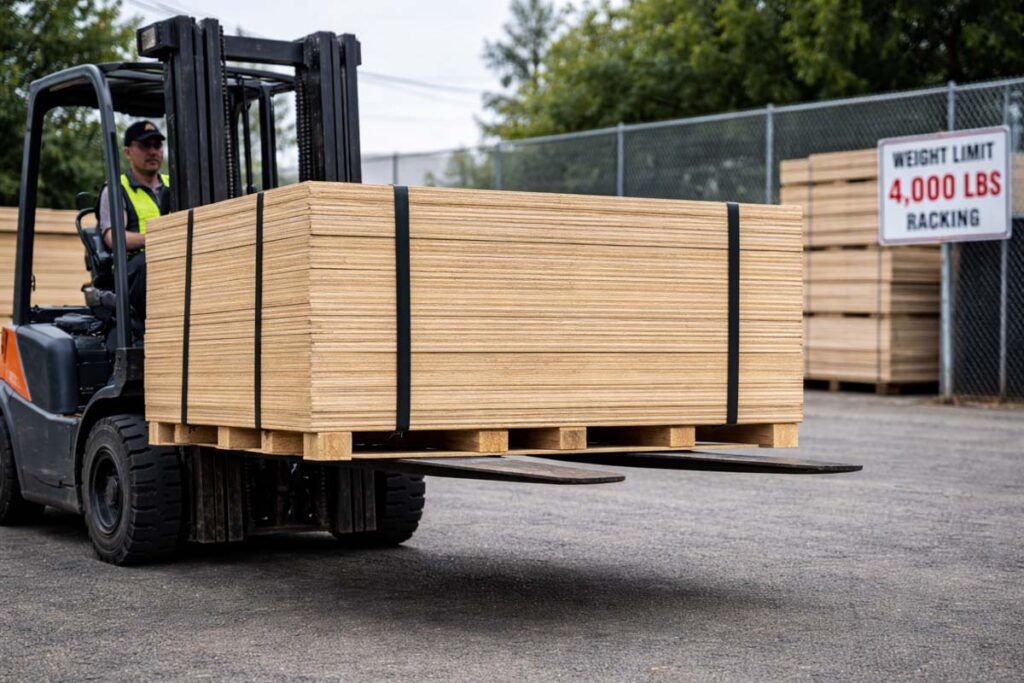 forklift lifting a plywood bunk safely