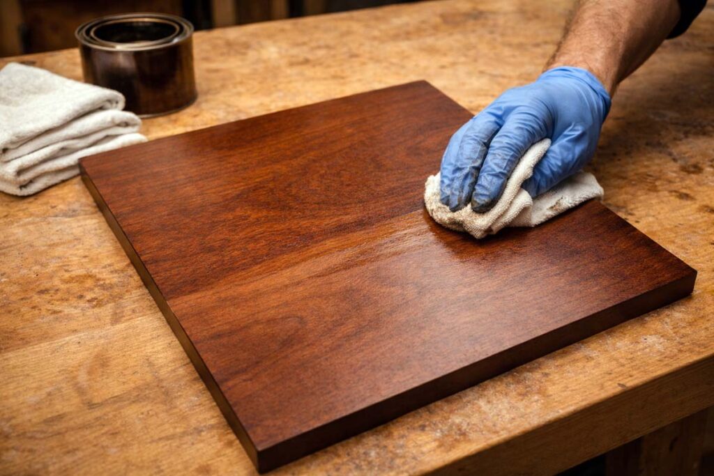 wiping gel stain evenly to deepen color on sealed birch