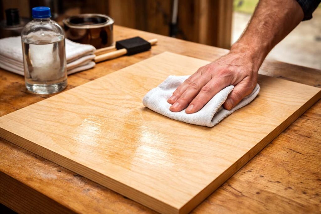 wiping birch plywood to reveal glue spots before staining