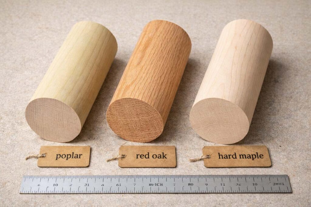 poplar oak and maple dowel pieces side by side