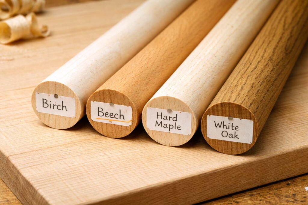 four labeled dowel rod samples birch beech maple and oak