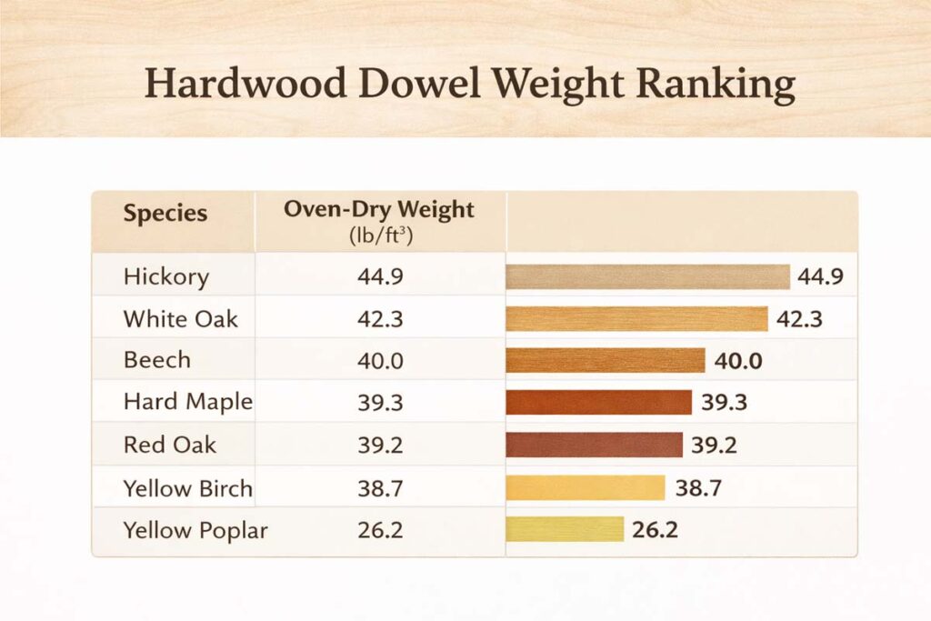 infographic showing hardwood species density ranking for dowels