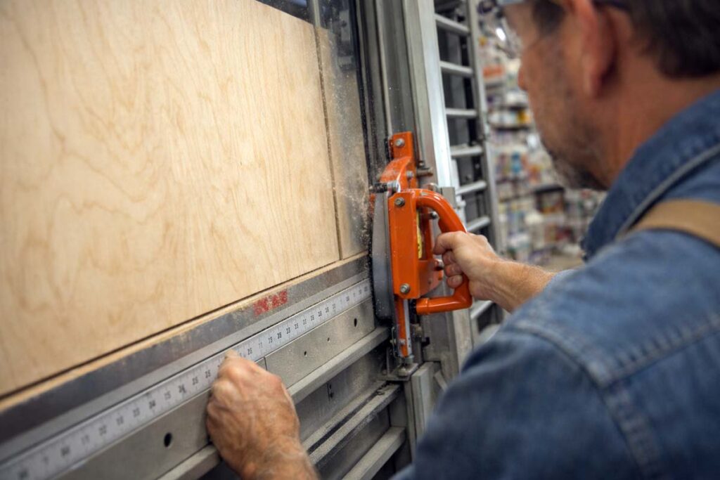 store panel saw making a straight plywood cut