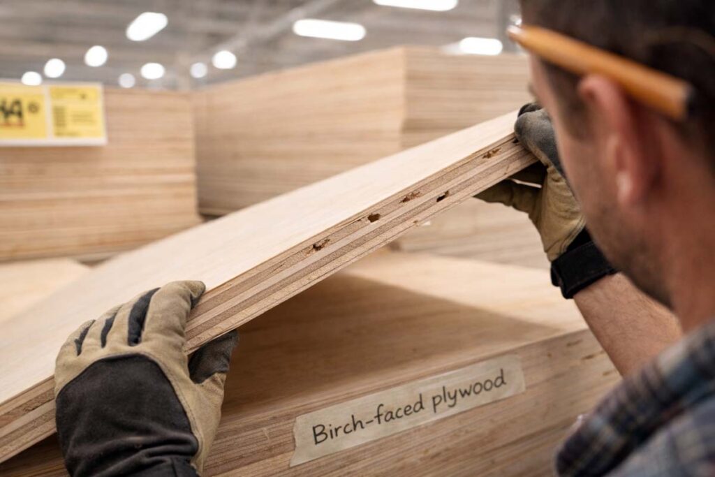 woodworker checking plywood edge at lumber rack