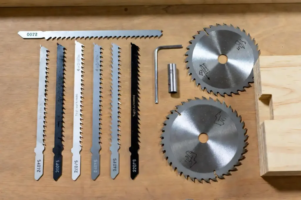 jigsaw blades and circular saw blades laid out for selection