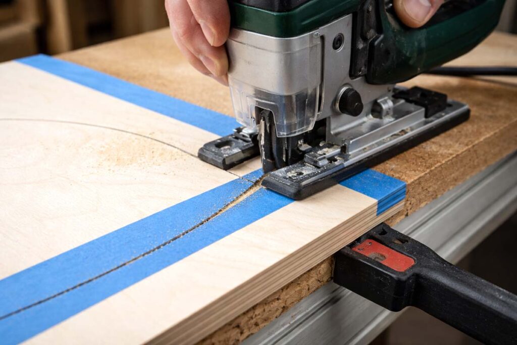 jigsaw cutting thin panel with taped line and backer board