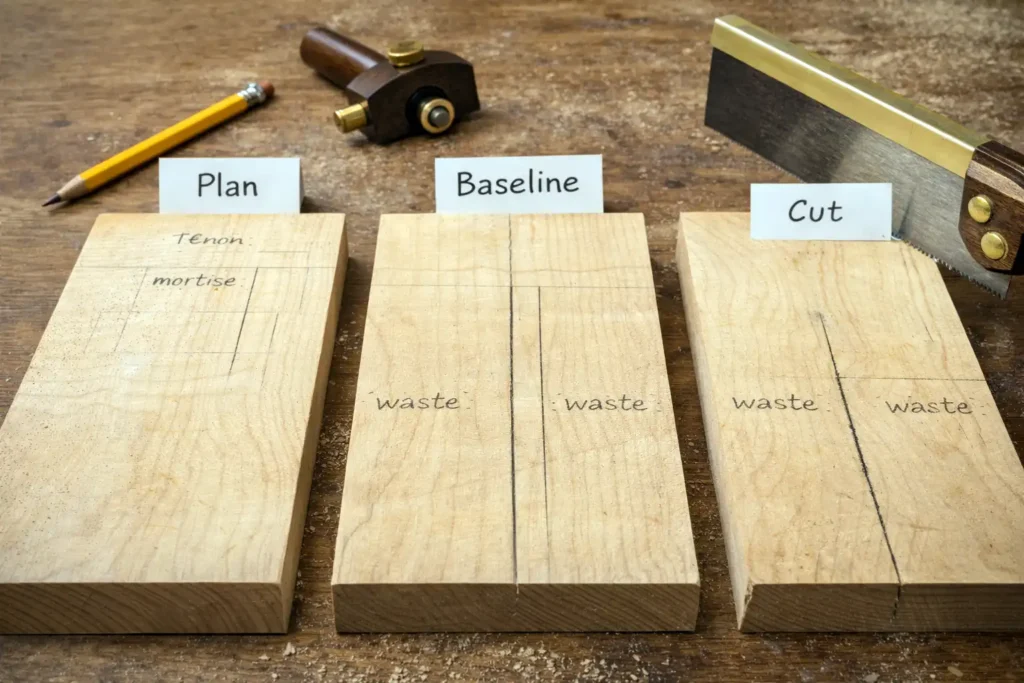 three boards showing pencil plan, scribed baseline, saw start