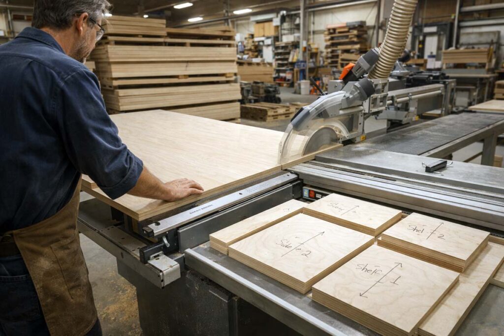 lumberyard employee cutting cabinet grade plywood on sliding saw